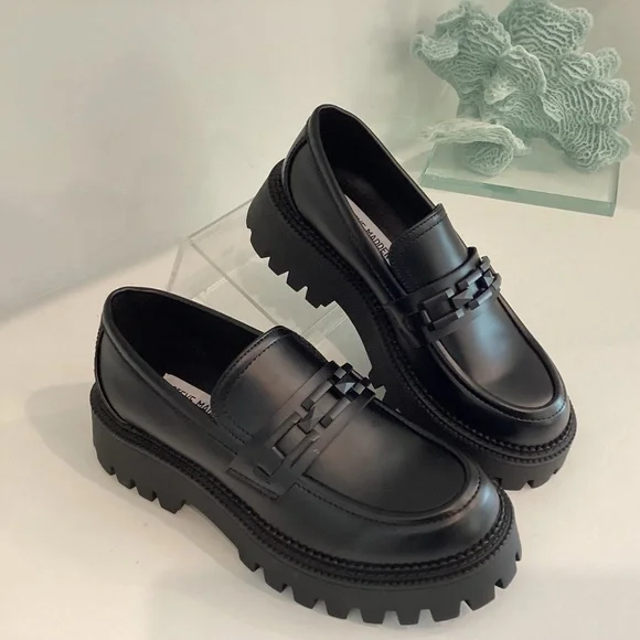 Steve Madden Women's Loafer Chunky Platform Black Leather All Sizes - Picture 1 of 12